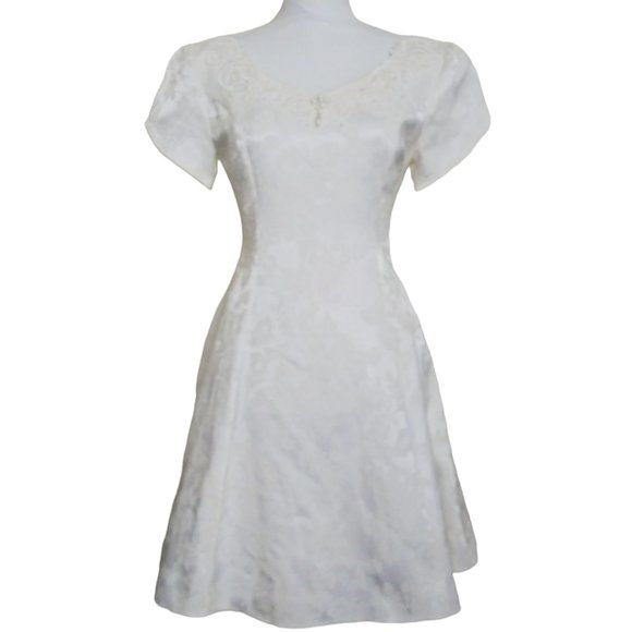 Vintage Jessica McClintock Gunne Sax 90s Y2K Cream Jacquard Fit Flare Dress 3 4 - Picture 1 of 4